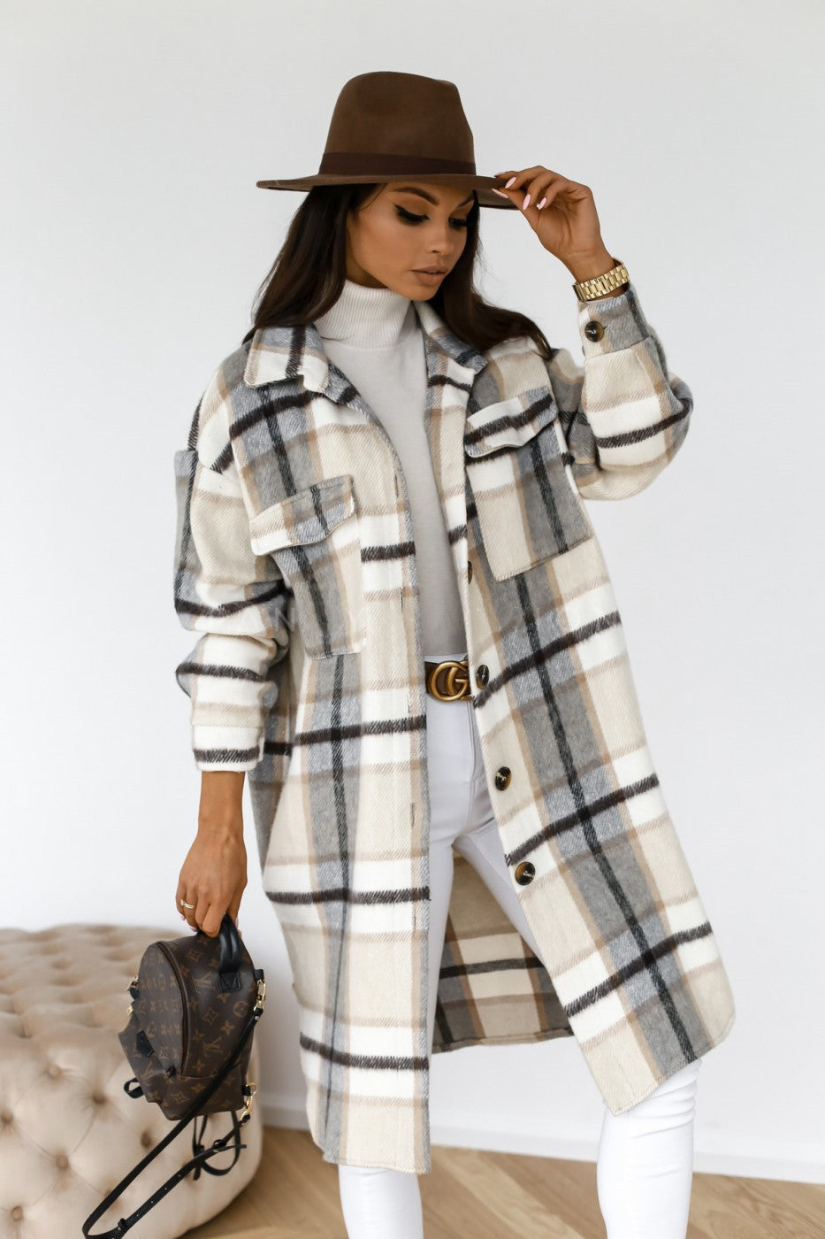 LEYA™ Manteau Long à Carreaux